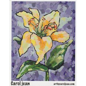 Yellow Easter Lily Art Print Carol Jean 4 X 5 Inch Floral Purple Background